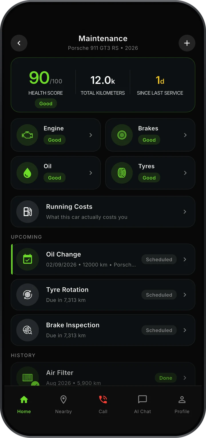 The maintenance screen for a 2026 Porsche 911 GT3 RS: a health score of 90, four component categories all reading Good, running costs, three upcoming services and a logged air filter change